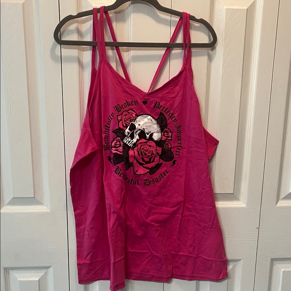 Women's Hot Pink Skull & Rose Strappy Muscle Tank